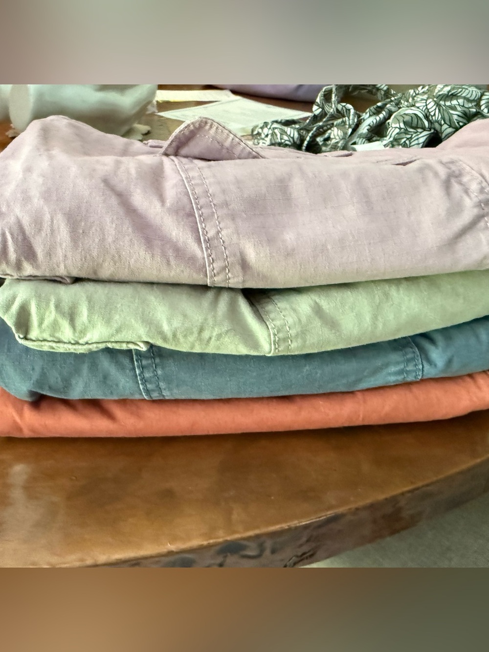Stacked Cotton Shirts in Dusty Pink, Sage, Teal & Rust. four pairs of shorts - Picture 2 of 3